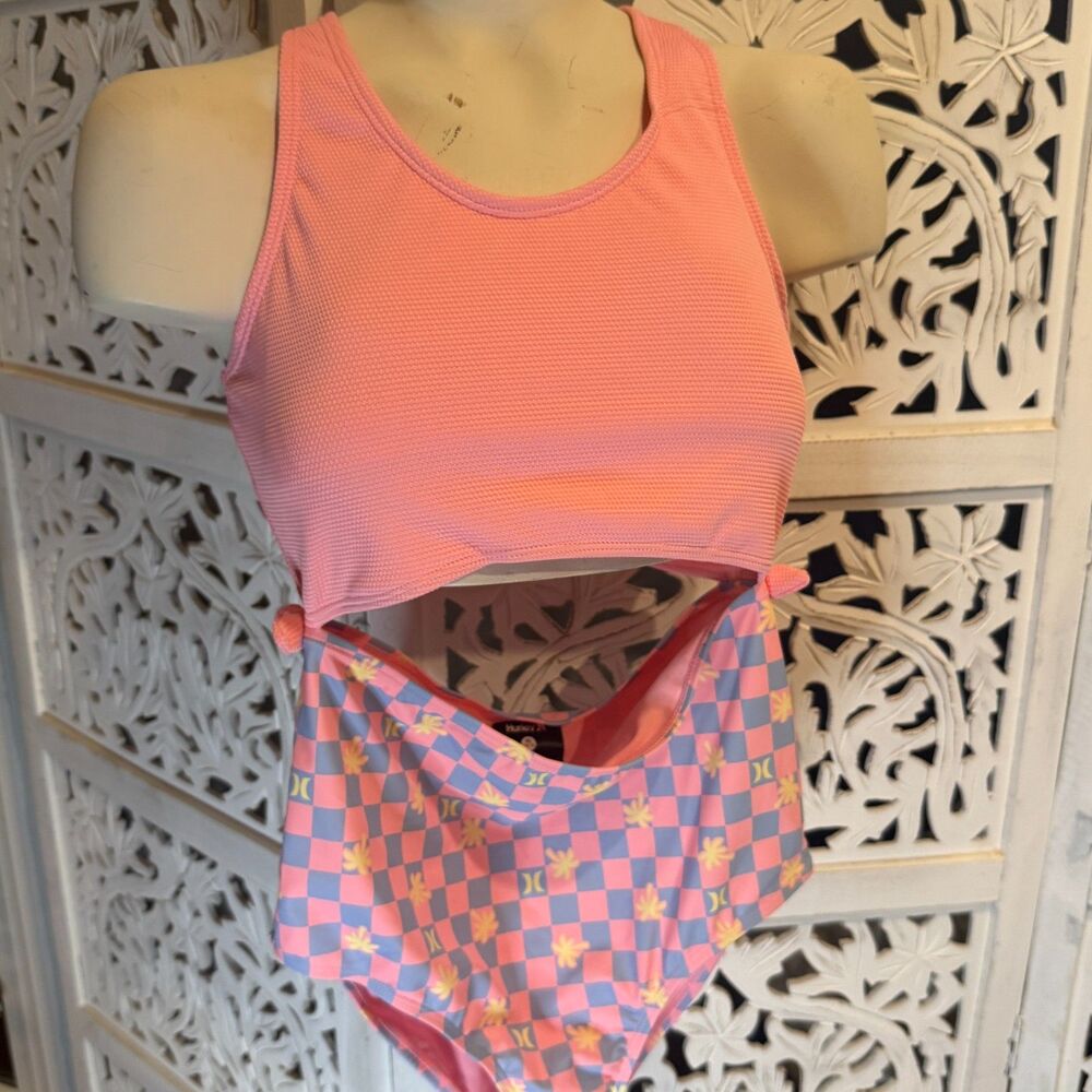 Hurley Pink and Light Blue one-Piece Swimsuit With checked Print NWT Size 14-16